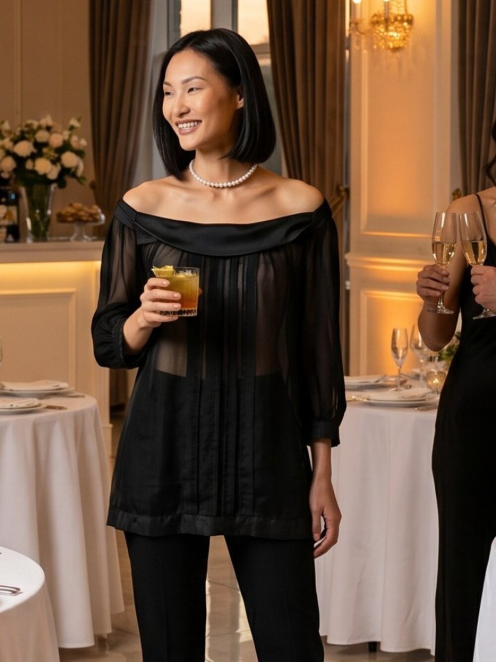 White House Black Market Sheer Black Pleated Tunic Blouse NEW!